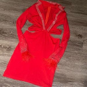 RED FEATHER JEWELED DIAMANTE CUT OUT DRESS